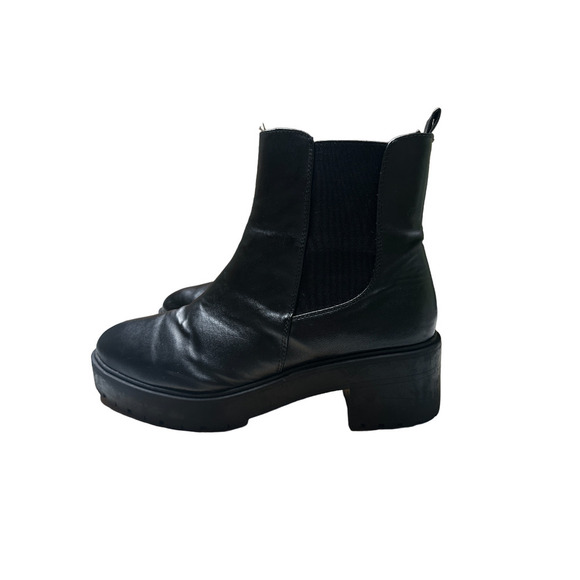 Asos Bootie Womens 8 Black Chelsea Leather Block Heel Lug Sole Round Toe Slip On - Picture 3 of 7